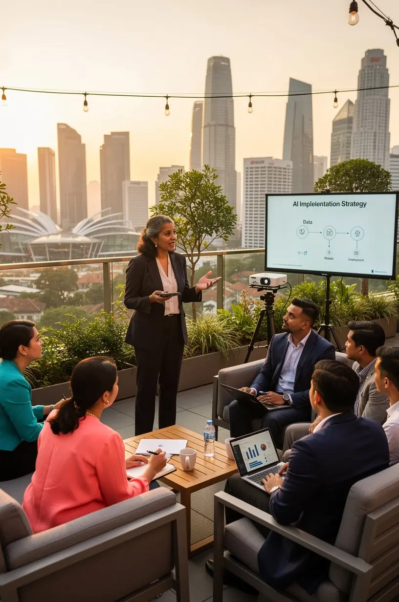 Group of professionals attending an AI strategy workshop in a modern conference room. Senior consultant explaining AI implementation steps on a digital whiteboard to business leaders. Diverse team collaborating on AI project planning using laptops and data charts. Trainer demonstrating practical AI tools for workflow automation during a corporate seminar. Close-up of hands analyzing AI-generated business insights on tablet screen. Participants engaging in Q&A session about AI integration challenges and solutions. Facilitator providing actionable guidance on ethical AI use to company executives.