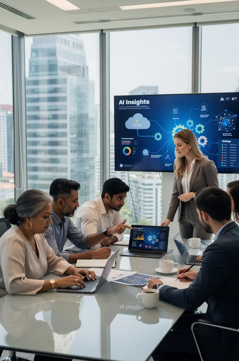 Group of professionals attending an AI strategy workshop in a modern conference room. Senior consultant explaining AI implementation steps on a digital whiteboard to business leaders. Diverse team collaborating on AI project planning using laptops and data charts. Trainer demonstrating practical AI tools for workflow automation during a corporate seminar. Close-up of hands analyzing AI-generated business insights on tablet screen. Participants engaging in Q&A session about AI integration challenges and solutions. Facilitator providing actionable guidance on ethical AI use to company executives.